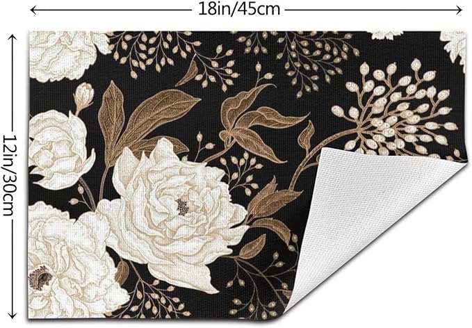 Placemats Set of 6 Vintage Peony Place Mats Beige Floral Leave Rustic Black Woven Table Mats Washable Beige Flower PVC Placemat for Dining Kitchen Decor Indoor Outdoor, 12 x 18 Inch