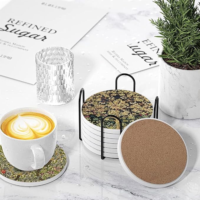 Drink Coasters for Drinks Set of 6, Vintage Art Nouveau Floral Pattern Absorbent Round Ceramic Stone Mat Coaster, with Cork Base and Metal Holder, Home Bar Decor House Warming Gift