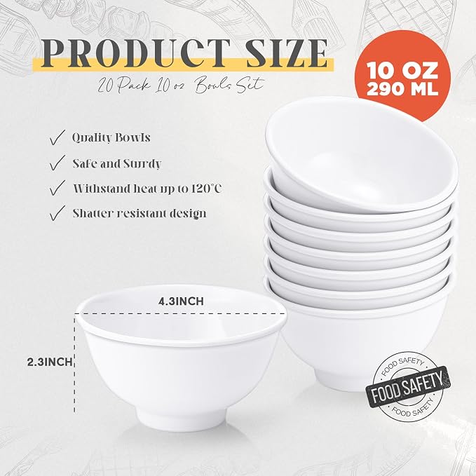 Tioncy 20 Pack Melamine Bowl Set 10 oz White Soup Bowls Set All Purpose Soup - Image 2