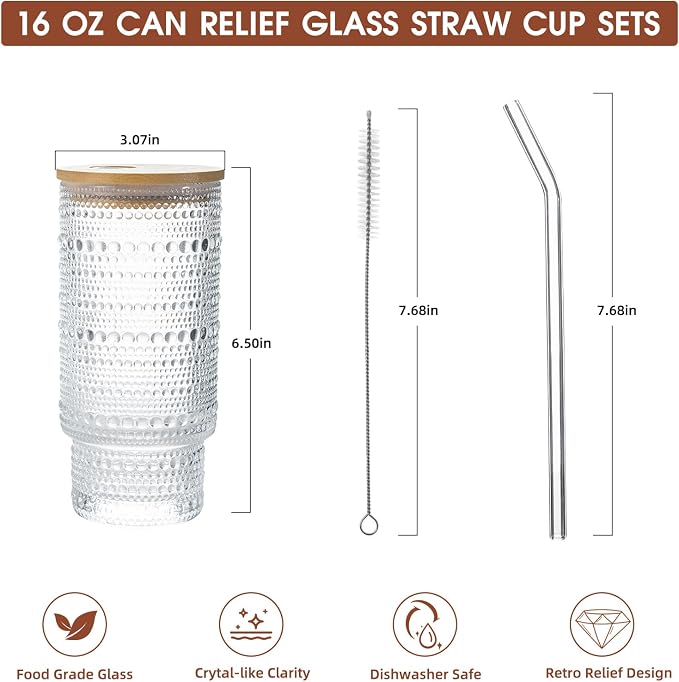 Drinking Glasses with Bamboo Lids and Glass Straw 8pcs Set, 16oz Glass Tumbler - Image 7