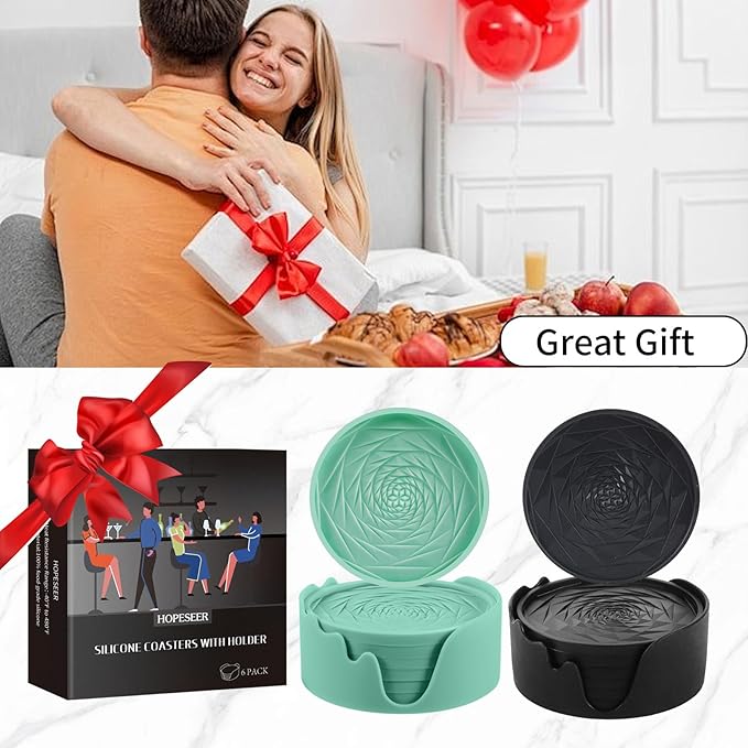 Silicone Coasters Set of 6 with Holder, Unique Rose Petal Design, Drink Coasters for Table Protection, Cup Mat for Hot-Cold Beverages, Modern Non-Slip, Non-Stick Design, Ideal Gift(6 Pack, Mint Green)
