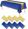 8Pack Disposable Plastic Tablecloths and Satin Table Runner Set Blue and Gold by MASHAN