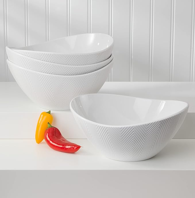 Euro Ceramica Highlands Collection Chip Resistant Semi Oval Salad, 4pc Bowl Set, white
