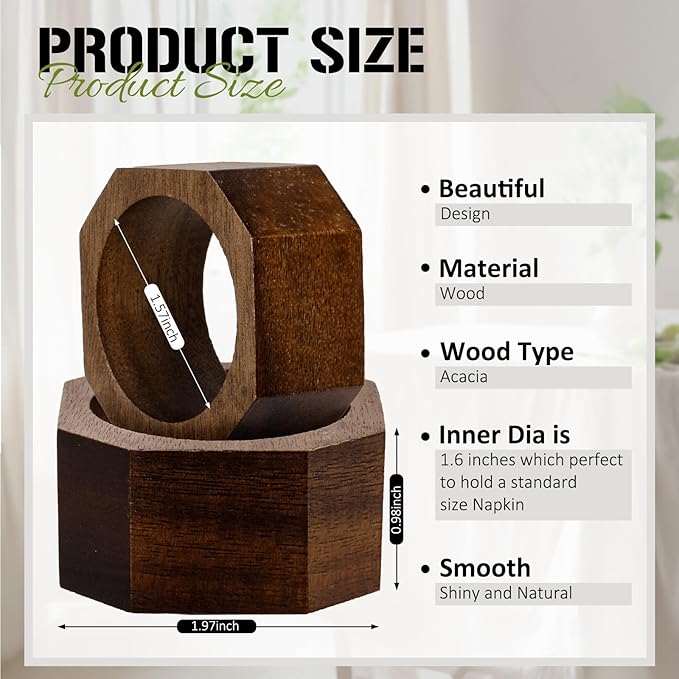 Zhehao 50 Pcs Wood Napkin Rings Bulk Acacia Handmade Dining Table Napkin Holder Buckles for Winter Spring Valentine's Day Wedding Dinner Harvest Holiday Table Decoration(Octagon,Brown)