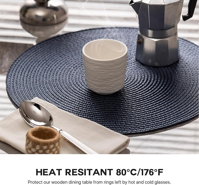 Round Placemat Set of 4 Plastic Woven Placemats Washable Wipeable Table Mats for Dining Table Heat Resistant Non-Slip Circle Place Mats (Navy Blue)
