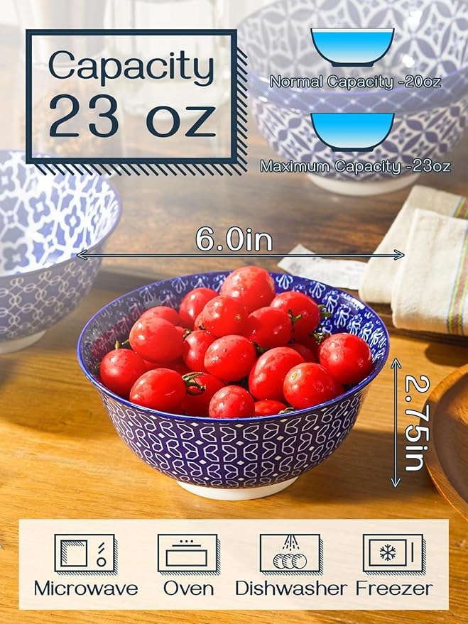 DOWAN Cereal Bowls Set of 6, Ceramic Soup Bowls 23 OZ, 6 Inch Small Dessert Bowls for Fruit, Snack, Ice Cream, Microwave Safe Bowls for Kitchen Decor and Housewarming Gift, Dishwasher