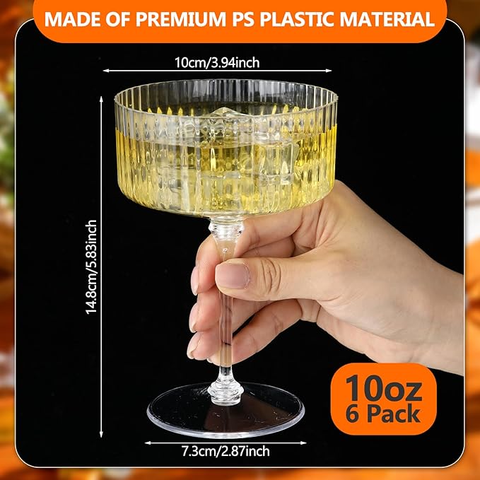 6 Pcs Ribbed Martini Glasses 10 oz Disposable Plastic Vintage Ribbed Coupe Glasses Unbreakable Dessert Parfait Glassware for Wedding Birthday Party Supplies (Clear)