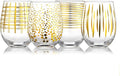 Joeyan Hand Blown Stemless Wine Glasses with Gold Dots Swirls Grids Strips Pattern for Red White Wine,Large Drinking Glass Cups,Wine Glass Tumblers for Wedding Party Home,Set of 4,17.5 oz