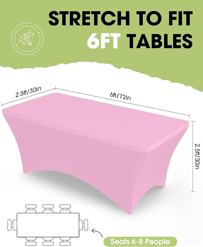 Pureegg Spandex Tablecloth 6ft - 2 Pack, Fitted and Tight Cloth for Rectangle Table, Wrinkle-Free and Stretch Table Cover for Party, Wedding, Banquet and Birthday, Pink
