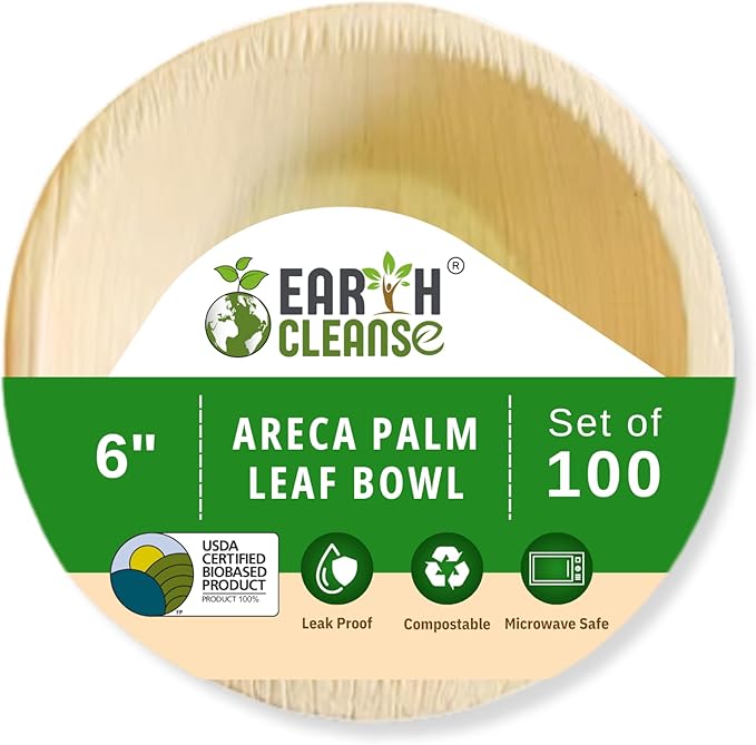 6" Areca Palm Leaf Round Bowls Compostable Biodegradable Eco-Friendly Natural Disposable Bowls, Perfect for Picnic Catering, Dessert, and Wedding (Pack of 100)