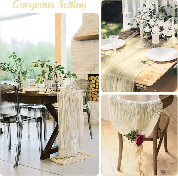 Beige 10FT Cheesecloth Table Runner Boho Gauze Fabric Table Runner Rustic Sheer - Image 7