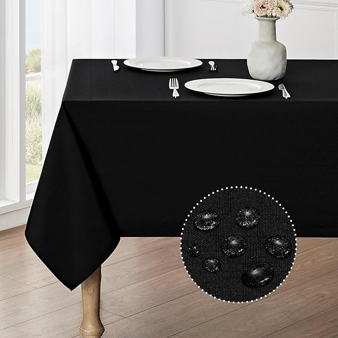 2 Pack Rectangle Tablecloth, 52x70 inch, Water Resistant Wrinkle Free Linen Textured Table Cloth Washable, Decorative Fabric Table Cover for Dining, Party and Camping, Black