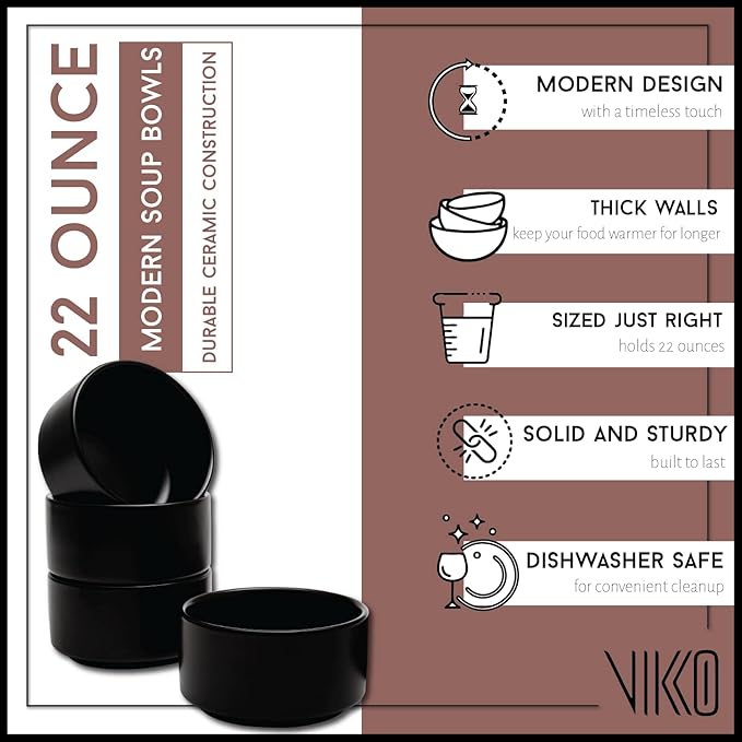 Vikko Modern Soup Bowls, Set of 6 Black Matte Porcelain Bowls, Large Size 22 oz Elegant Restaurant Style Soup Bowl Set, Microwave and Dishwasher Safe