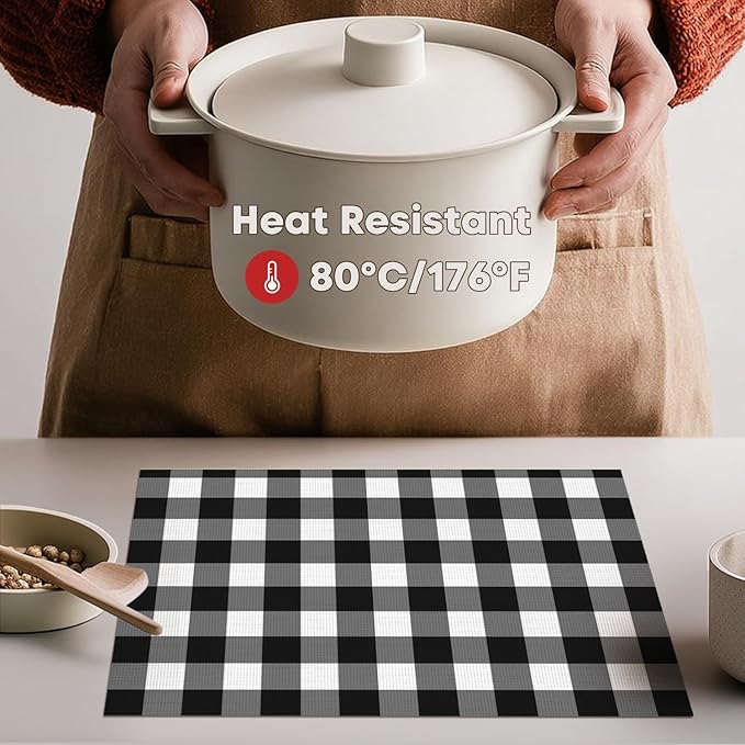 Artoid Mode Buffalo Plaid Vinyl Placemats Set of 4, 12x18 Inch Washable Non-Slip Heat Resistant Plastic Place Mats for Party Dining Table, Black/White