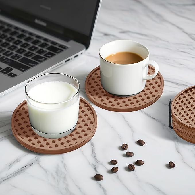 Coasters for Drinks, Silicone Coasters Set of 16 with Metal Holder, Outdoor Coaster for Coffee Table, Non-Slip Rubber Table Cup Mat Desk, Heat Resistant & Scratch-Proof (Tawny)