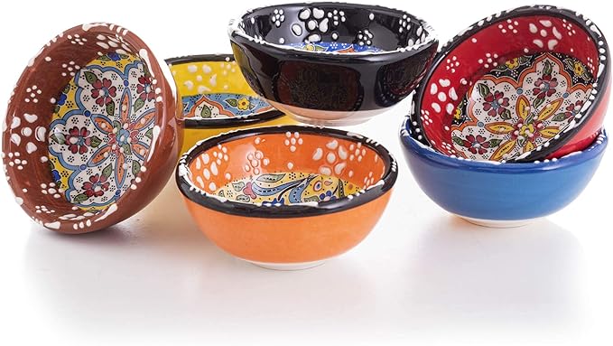 Turkish Ceramic Pinch Bowls Set of 6 – Small Dipping Bowls for Charcuterie Boards, Appetizers, Snacks & Sauces -Handcrafted Turkish Bowl for Serving, Decor & Gifts (3.2”)