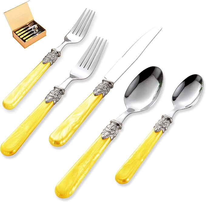 20 pieces 18/10 Stainless Steel Silverware Sets With Yellow Handle,Vintage Cutlery Sets,Sliverware set Service for 4,Dishware Safe (20, Yellow)