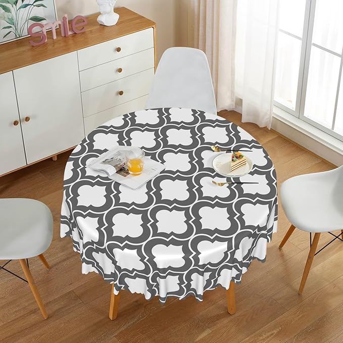 Laeacco 70 Inch Morocco Round Tablecloth Grey White Geometric Lattice Modern Abstract Art Print Table Cloth Washable Waterproof Wrinkle Free Table Cover for Kitchen Dining Picnic Party Decoration