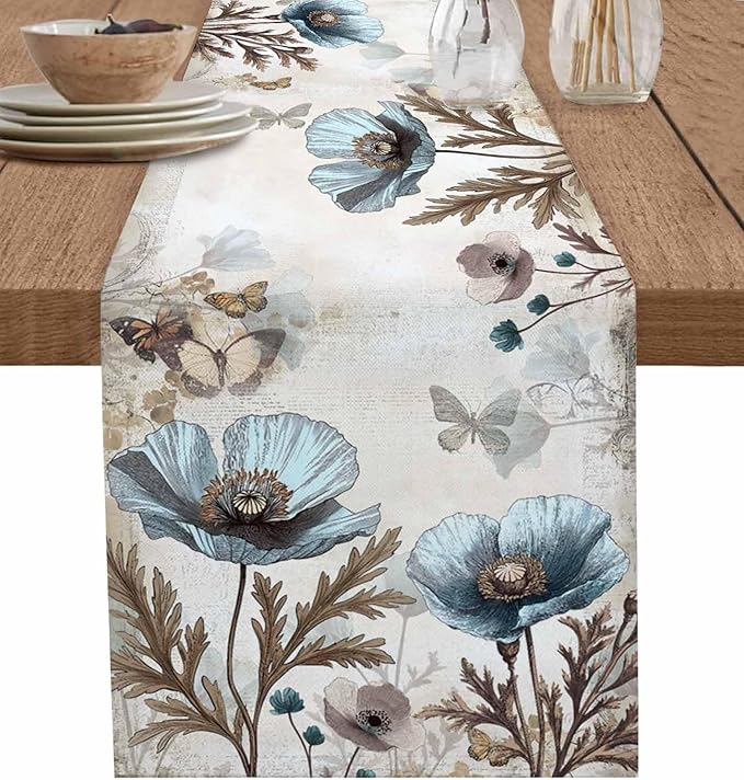 Vintage Tulip Flowers Table Runners 108 Inches Long, Cotton Linen Fabric Table by Edwiinsa