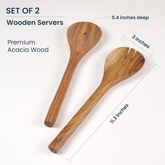 The Fine Living Co. Acacia Salad Servers, 11 Inches, Natural | Handcrafted - Image 4