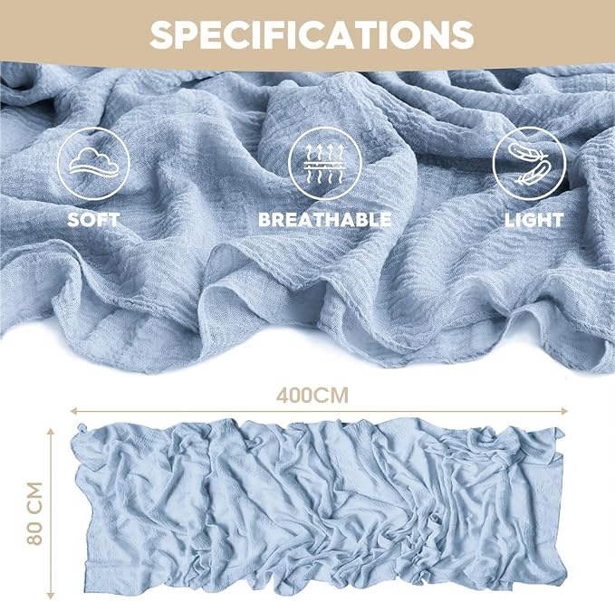 Artoid Mode Boho Cheesecloth Gauze Ice Blue Wedding Table Runner, 160 Inch - Image 5
