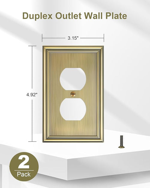 2-Pack Single Duplex Outlet Cover Plate, Decorative Antique Brass Switch Plates and Outlet Covers, Metal Wall Plates for Electrical Outlets, 1 Gang Receptacle Cover, Corrosion Resistant