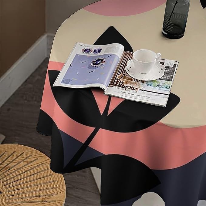 Medieval Bohemian Abstract Round Tablecloth, Mid Century Modern Leaves Geometric Tablecloth for Home Party Dining Room Kitchen Decor 70Inch(178cm)
