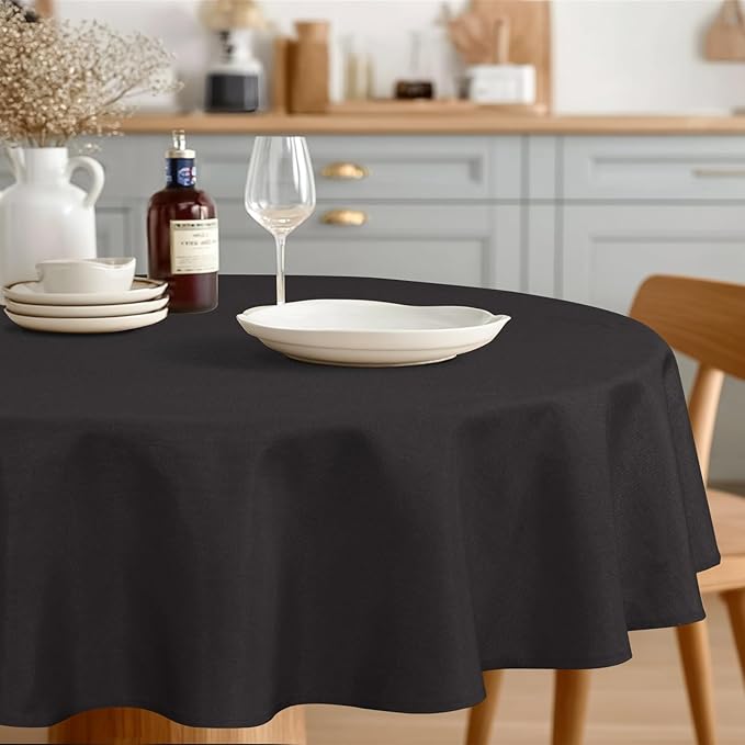 JIUZHEN Round Tablecloth Linen Textured Wrinkle Stain Resistant Farmhouse Table Cloth Decorative Fabric for Kitchen, Dining, Party, Wedding,Outdoor Use,80 Inch Round,Black