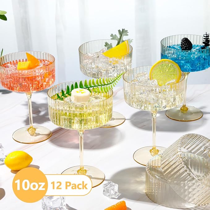 12 Pcs Ribbed Martini Glasses 10 oz Disposable Plastic Vintage Ribbed Coupe Glasses Unbreakable Dessert Parfait Glassware for Wedding Birthday Party Supplies (Gold)