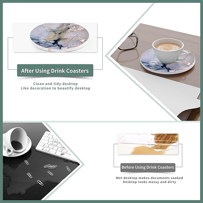 Round Coasters, Crystal Blue Ceramic Marble, 6 Pcs for Drinks, Non-Slip for Desk & Room Decor (4 Inches)