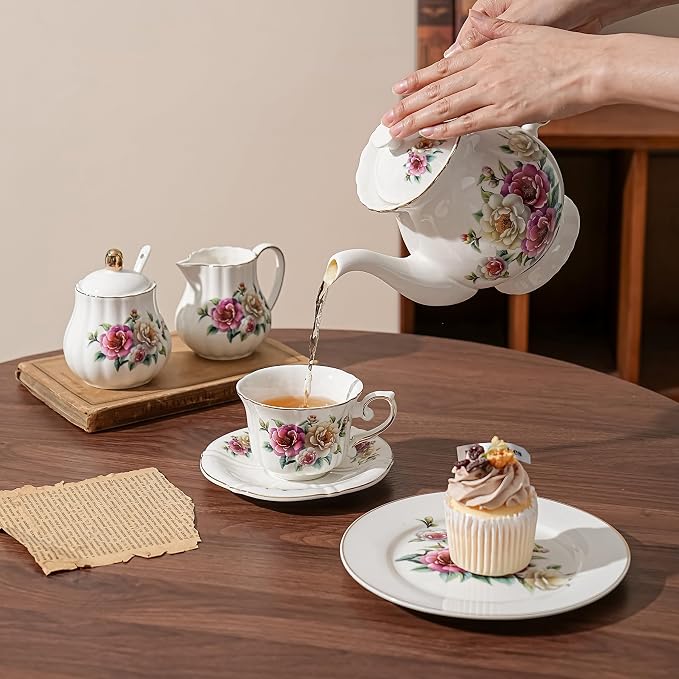 Ceramic Floral Cups with Saucers，7 oz Espresso Cups - Image 3