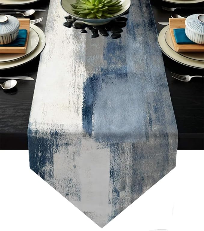 Blue and Grey Table Runner 13x72 Inch Modern Abstract Art Painting Kitchen by ZCHOMI