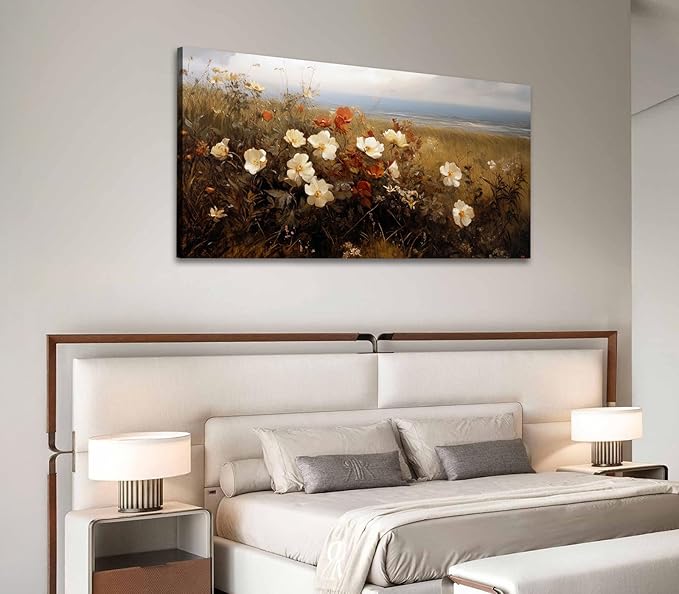 ADJUVANT Wall Art Vintage Coastal Wildflower Field 40"L x 20"W, Seaside Meadow With White And Orange Blooms Canvas Painting Nature Artwork Retro Floral Prints Botanic Wall Decor for Living Room Bedroom