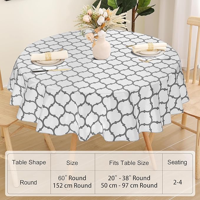 Smiry Round Plastic Table Cloth, Waterproof Vinyl Tablecloth with Flannel Backing for Round Tables, Wipeable Spillproof for Dining, Camping, Indoor and Outdoor (60" Round, White)