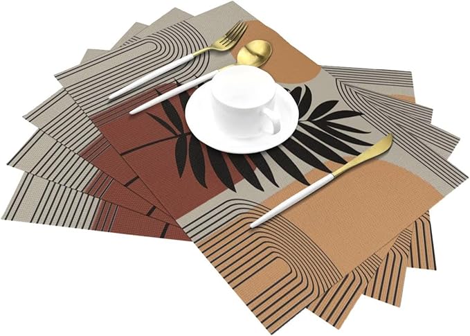 Art Boho Mid Century Placemats, Sun Brown Leaves Rainbow Color Blocks Modern Washable Place Mats 12x18Inch for Dining Kitchen Farmhouse Decor 4 PCS