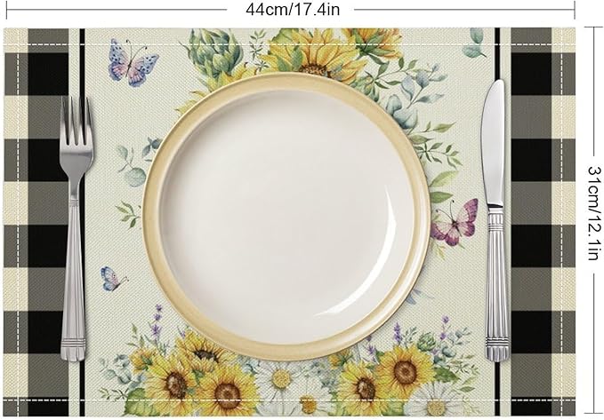 Vintage Sunflower Theme Placemat Set, Rustic Farmhouse Vivid Lavender Floral Butterflly Black White Check Pattern Home Decor Linen Table Mats for Dining Room Kitchen Party (17x12in) x2P