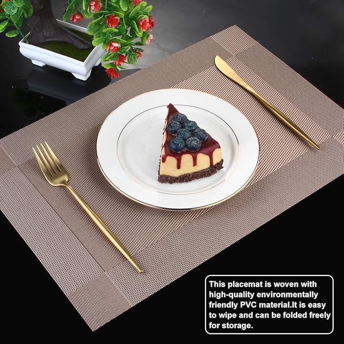 DACHUI Placemats Set of 4, Stylish Woven Place Mats for Dining Table, Washable & Durable PVC Table Mats (Champagne)