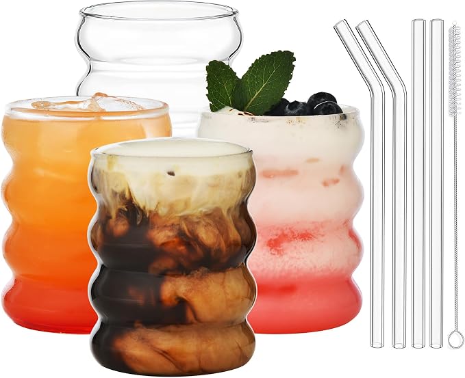 ALINK 16 oz Bubble Drinking Water Glasses Tumblers- Glass Cups Cute Ripple by ALINK