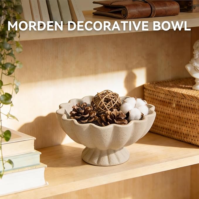 Pedestal Decorative Bowl Home Decor - Morden Handicraft Decorative Fruit Bowl for Kitchen Counter, Chic Ruffle Bowl Centerpiece Decor for Dining Table Coffee Table (Artificial Stone Beige)
