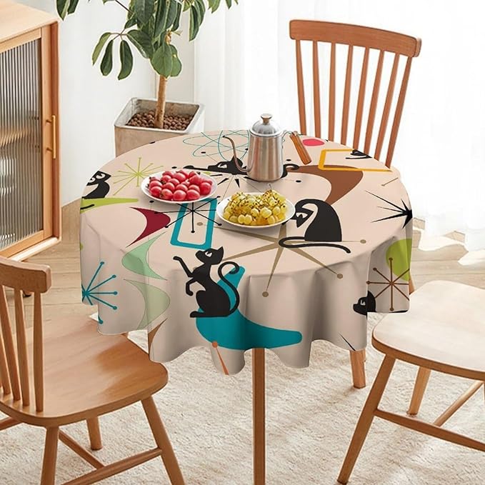 Mid Century Black Cat Round Tablecloth, Bohemian Modern Colorful Abstract Geometric Retro Art Bohemian Tablecloth for Home Party Dining Room Kitchen Decor 50Inch(127cm)