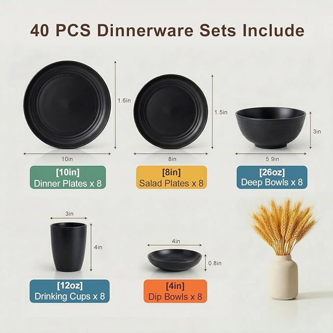 Plates and Bowls Sets for 8, Wheat Straw Dinnerware Sets 40 Piece, Unbreakable - Image 2