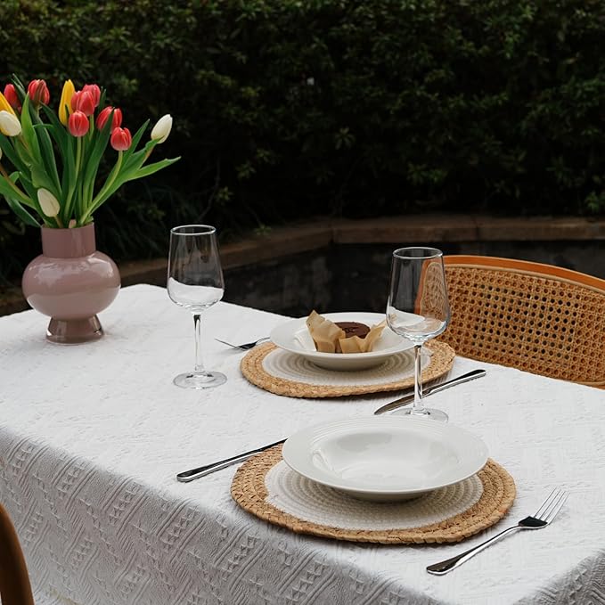 ANDSTAR Round Woven Placemats Set of 6, 12"x12", Natural Wicker Placemats, Water Hyacinth Straw Braided Placemats,Boho Place Mats for Farmhouse, Rustic Table (Water Hyacinth + White Cotton Rope)