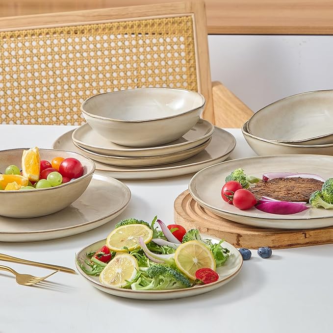 Bestone 12 Piece Round Kitchen Dinnerware Sets，Plates and Bowls sets,Dishes, Plates, Bowls, Dish Set, Chip Resistant Ceramic Dinnerware Set, Dishwasher/Microwave Safe,Service for 4,Brown