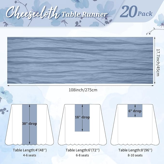 Pesonlook Cheesecloth Table Runner Dusty Blue, 20 Pack 17.7x108 inch, Long | - Image 2