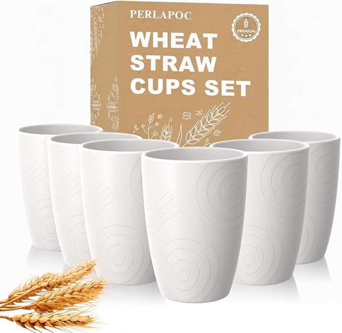 Wheat Straw Unbreakable Drinking Cups, 12 OZ Tumbler Set of 6, Lightweight by Perlapoc