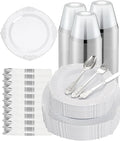 Goodluck 350 Piece Silver Plastic Dinnerware Set for 50 Guests, Fancy Disposable Plates, Include: 100 Silver Rim Plastic Plates, 150 Silverwares, 50 Pre Rolled Napkins, 50 Cups for Party, Wedding