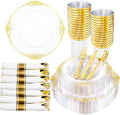 210 Pcs Clear Gold Plates for Party | Clear Party Plates Set for 30 Guests by Hioasis