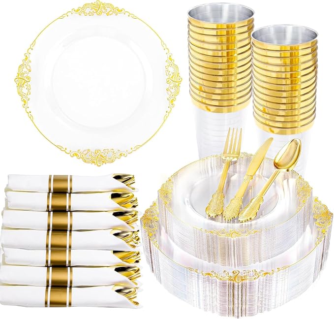 210 Pcs Clear Gold Plates for Party | Clear Party Plates Set for 30 Guests by Hioasis