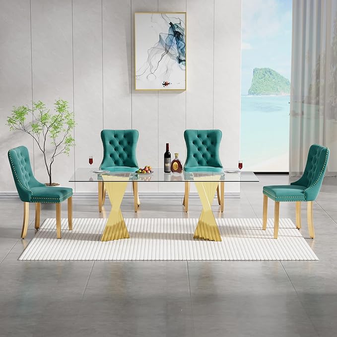 5 Piece Glass Dining Table Set,70" Dinner Room Glass Table Set for 4,Modern Kitchen Dinner Table Set with Stainless Steel Base and 4 Upholstered Velvet Dining Chairs for Living Dining Room