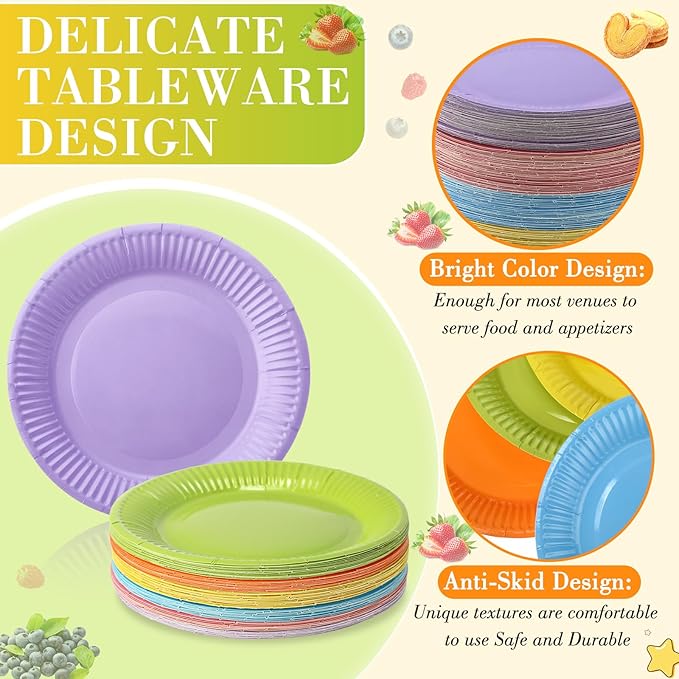 Thenshop 300 Pcs Colorful Paper Plates 7 Inch Disposable Party Plates for Dessert Cake Birthday Party Supplies(Macaron Colors)